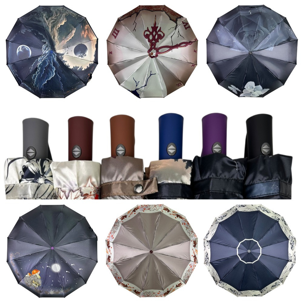 Оптом Жіноча парасоля автомат на 12+4+2 сегментних карбонових спиць сатиновий купол з принтом від Water Town, WT 210