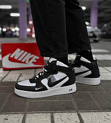Зимові чоловічі кросівки Nike Air Force high black/white winter теплі з хутром Найк Форс чорно-білі шкіряні високі