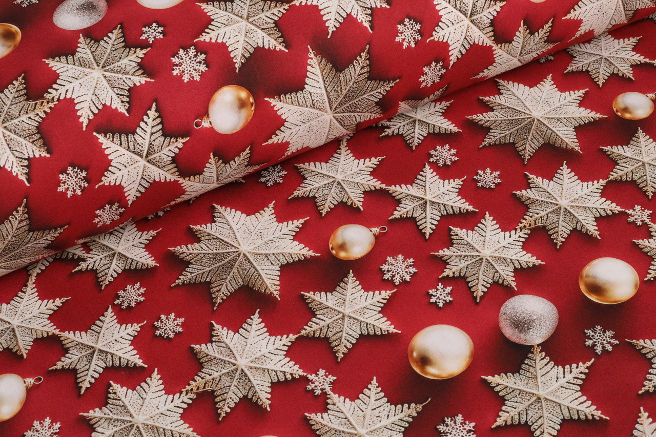 Ранфорс Сніжинки та новорічні кульки на червоному 5D цифровий друк, ширина 240 см