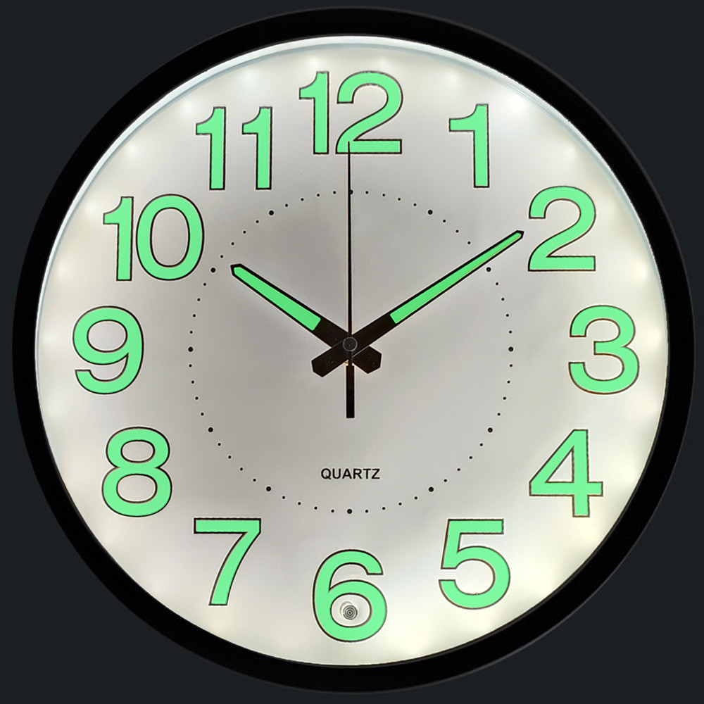 Безшумний настінний годинник люмінесцентний з LED підсвіткою LOSSO CW-30 (чорний ободок), фото 1