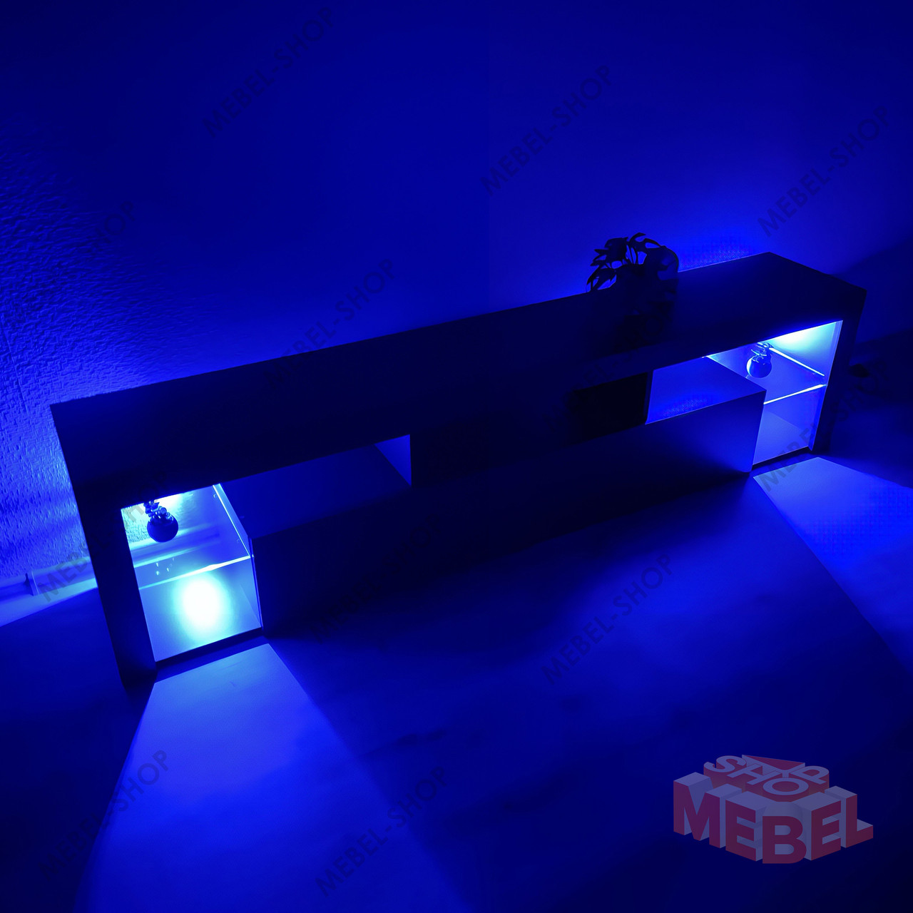 Тумба під телевізор з підсвічуванням ТБ тумба 2 м завширшки з 5 відкритими та 2 закритими полицями з ламінованого ДСП, фото 1