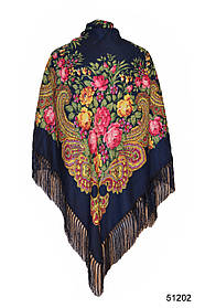 Хустка з народним орнаментом темно-синя 125*125 см