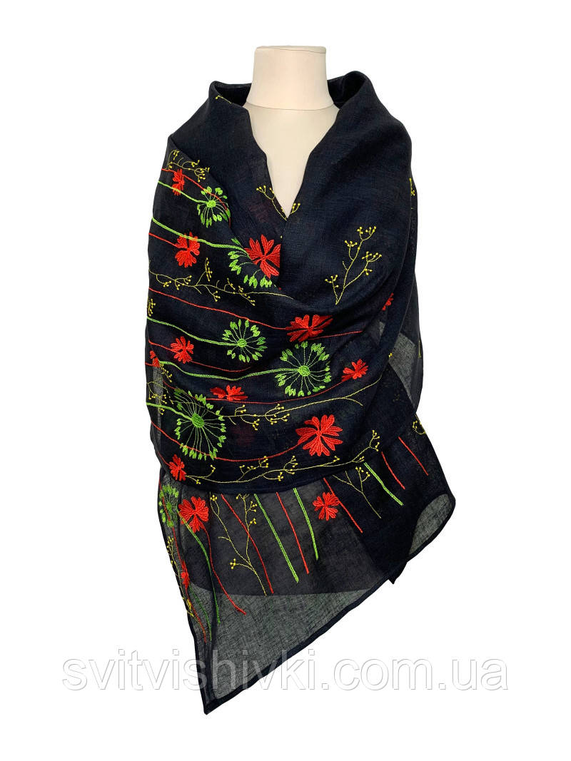 Жіночий лляний вишитий шарф "Жаклен" чорний, фото 1