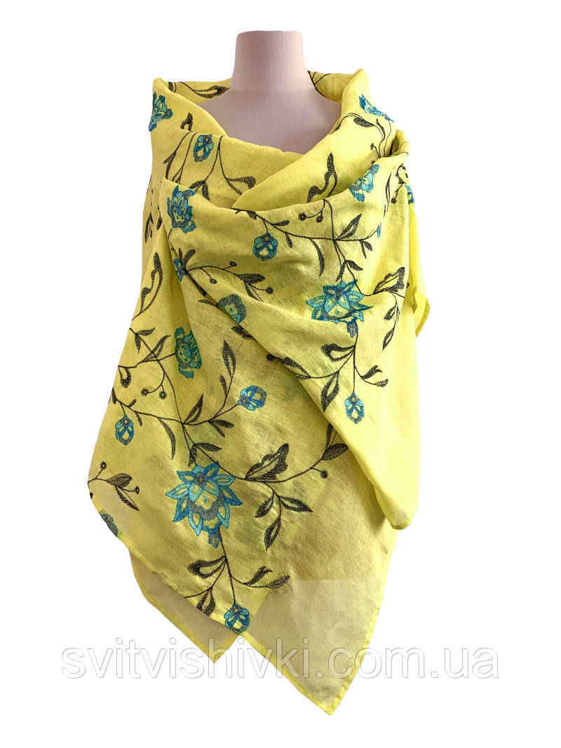 Жіночий лляний вишитий шарф "Лідія" жовтий, фото 1