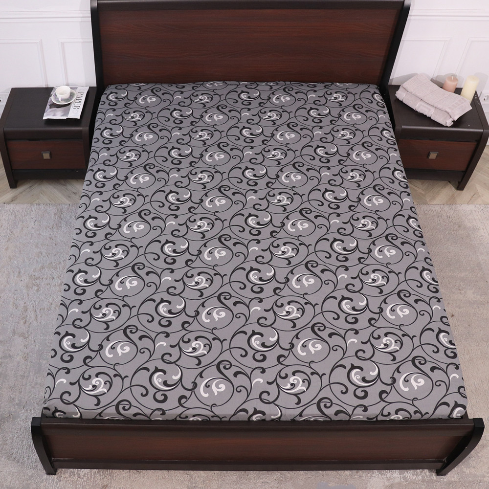 Захисне натяжне сіре простирадло гумка односпальне з бязі (90*200*25) міцне бавовняне з абстрактним принтом