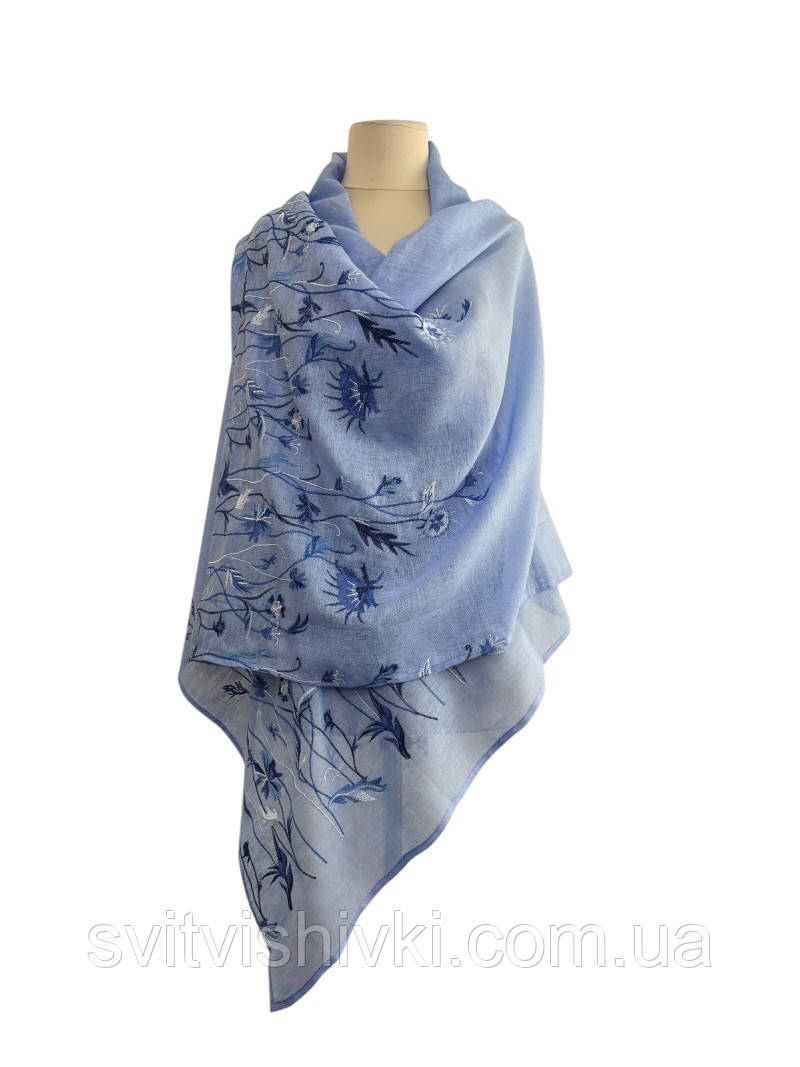 Жіночий лляний вишитий шарф "Клер" блакитний, фото 1