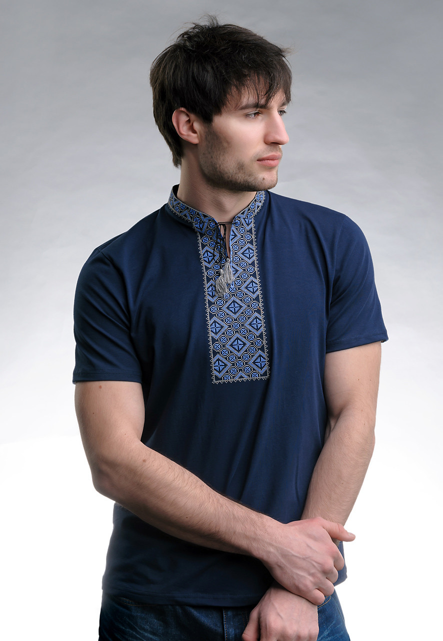 Класична чоловіча футболка з вишивкою «Козацька (синя вишивка)», фото 1
