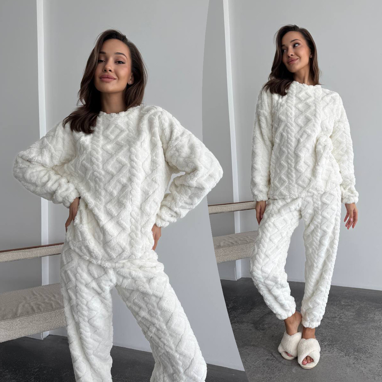 Теплий молочний махровий домашній костюм (або піжама) з фактурним візерунком, фото 1