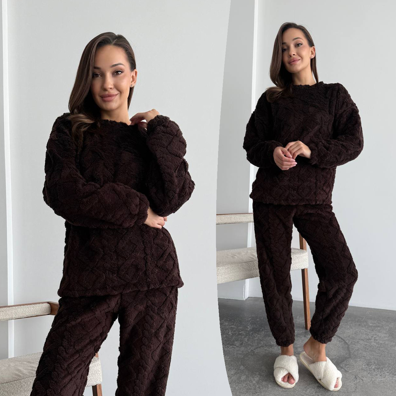 Теплий коричневий махровий домашній костюм (або піжама) з фактурним візерунком, фото 1
