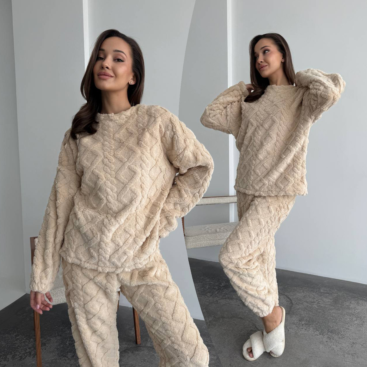 Теплий бежевий махровий домашній костюм (або піжама) з фактурним візерунком, фото 1
