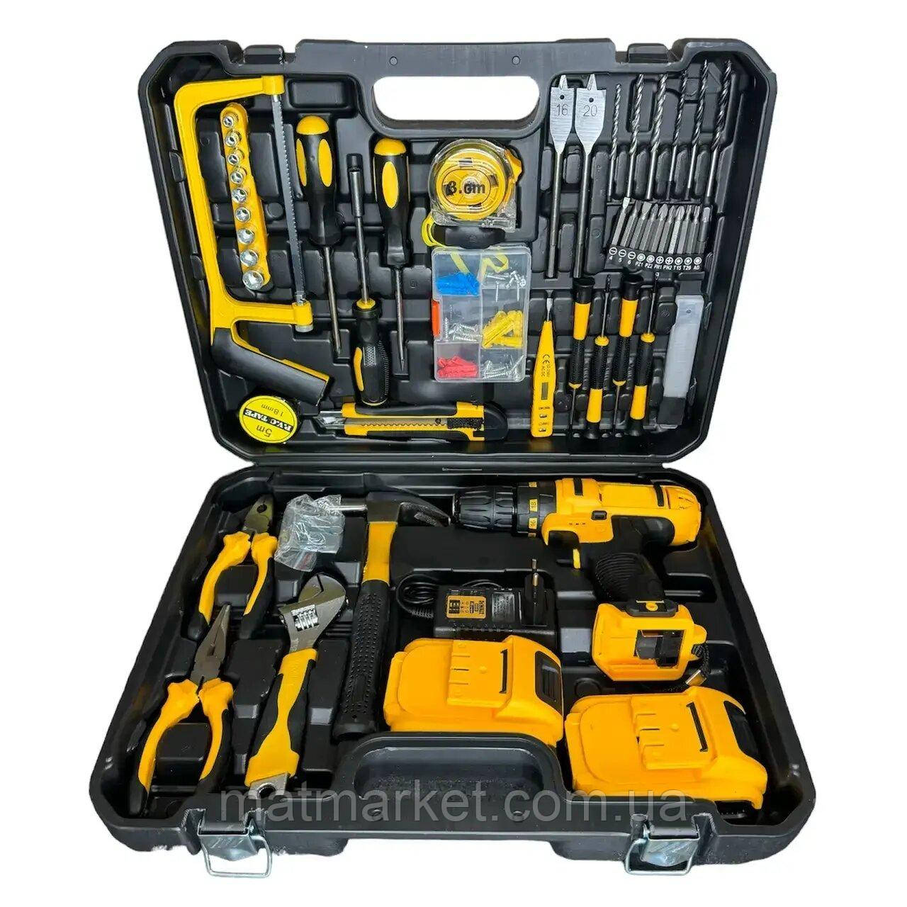 Акумуляторний ударний шуруповерт із двома акумуляторами та набором інструментів у зручному кейсі., фото 1