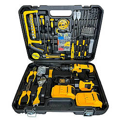 Акумуляторний ударний шуруповерт із двома акумуляторами та набором інструментів у зручному кейсі.