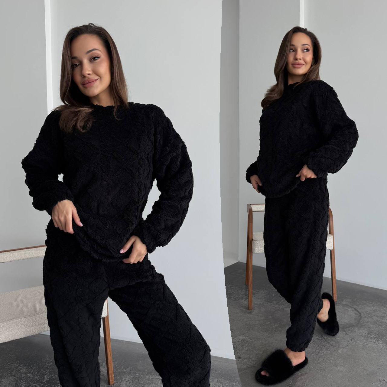 Теплий чорний махровий домашній костюм (або піжама) з фактурним візерунком, фото 1