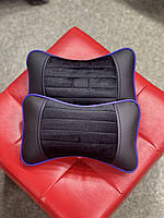 Ортопедична подушка на підголівник для шиї в автомобіль з екошкіри, модель Monaco, чорна з синім кантом.