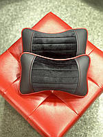 Ортопедична подушка на підголівник для шиї в автомобіль з екошкіри, модель Monaco, чорна з червоним кантом