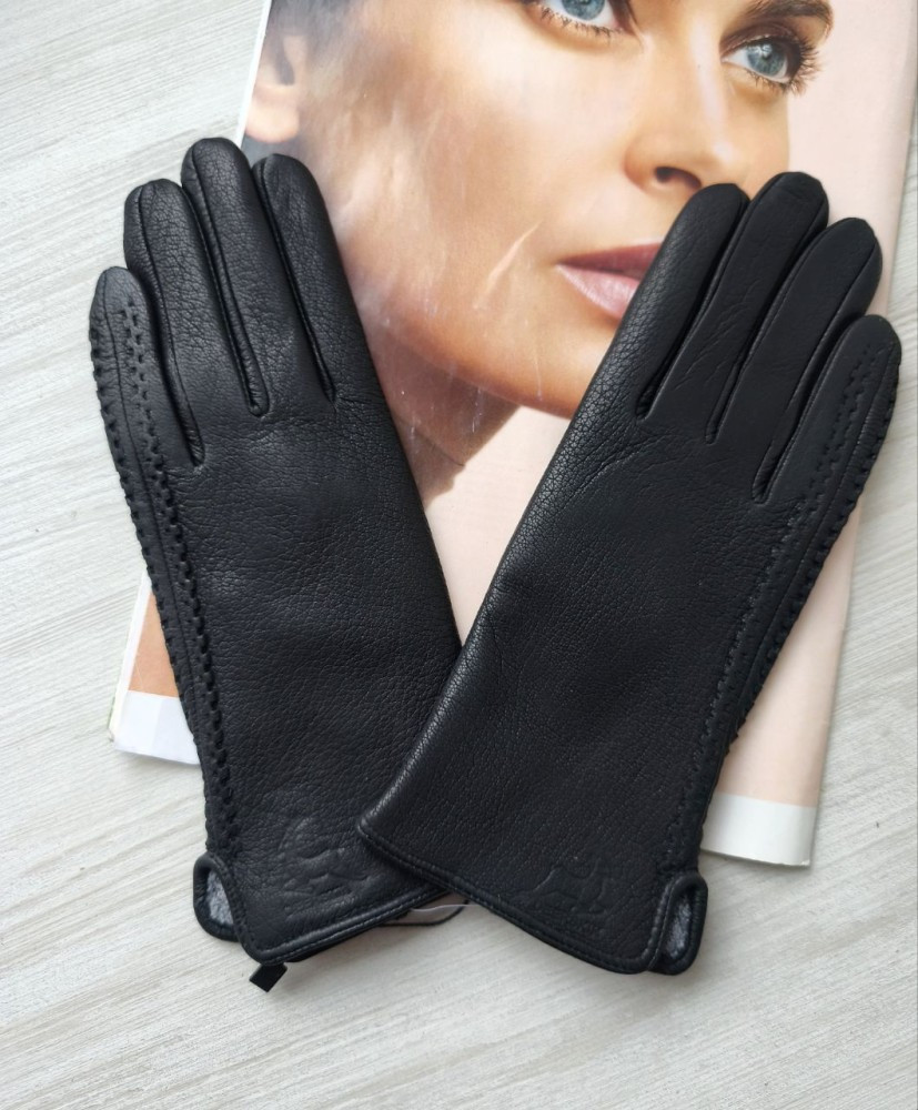 Жіночі шкіряні рукавички з оленячої шкіри, підкладка махра black, фото 1