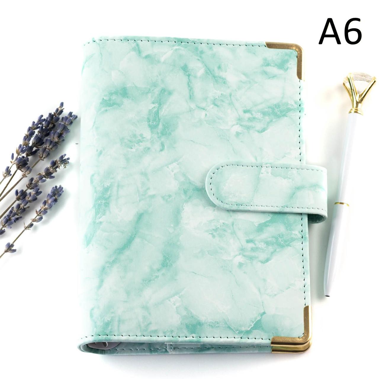 Блокнот на кільцях із шкірзамінника А6 діаметр кілець 20мм М'ятний з мармуром BSH066, фото 1