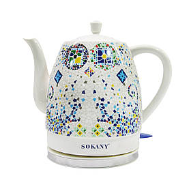 Чайник електричний керамічний електрочайник безшумний 1,5 літра єлектрочайник Sokany SK-09008 мозаїка Білий