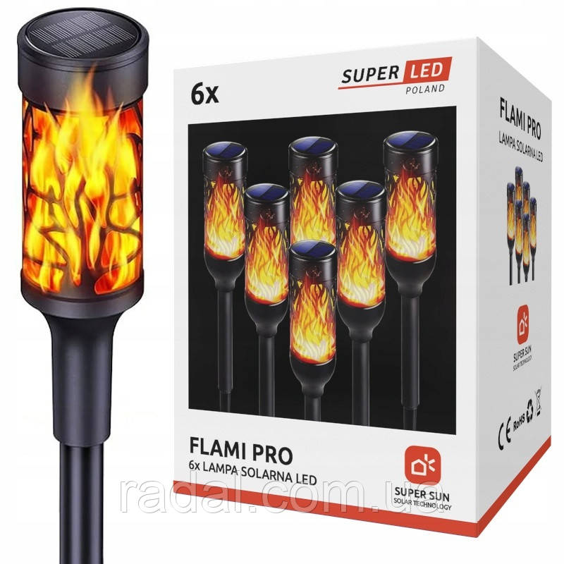 Світильник садовий на сонячній батареї SuperLED з імітацією полум’я, набір 6шт, фото 1