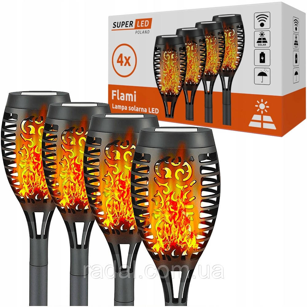Сонячна садова LED лампа факел Flami SuperLED з ефектом полум’я, набір 4шт, фото 1