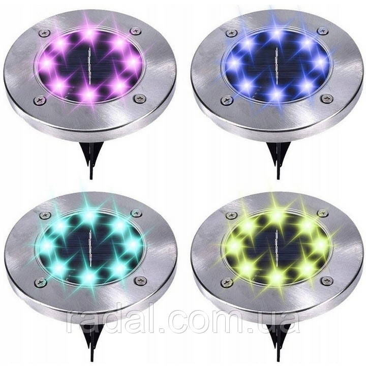 Лампа сонячна садова RGB вулична в землю вбивний диск LED світильник SuperLED, 4шт, фото 1