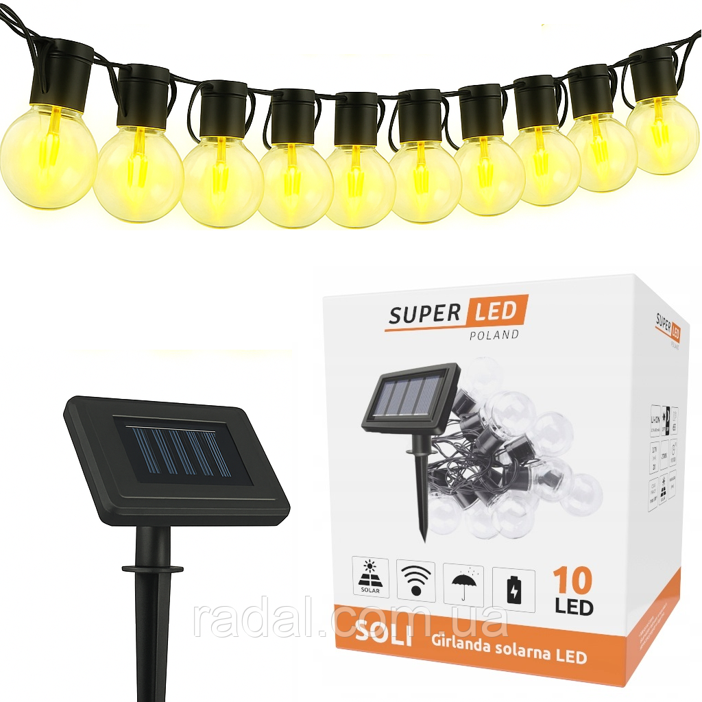 Гірлянда на сонячній батареї на 10 лампочок з теплим світлом SuperLED Soli для освітлення саду, патіо, альтанок, терас, фото 1
