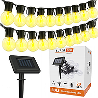 Гірлянда на сонячній батареї на 20 лампочок з теплим світлом SuperLED Soli для освітлення саду, патіо, альтанок, терас