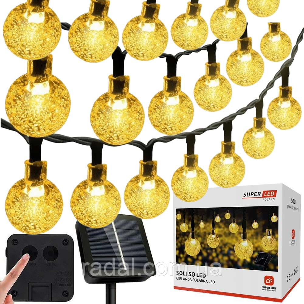 Сонячна гірлянда 50 LED-кульок, SuperLED Soli — довжина 9.5 м, тепле біле світло, IP65, датчик сутінків, для саду, тераси, фото 1