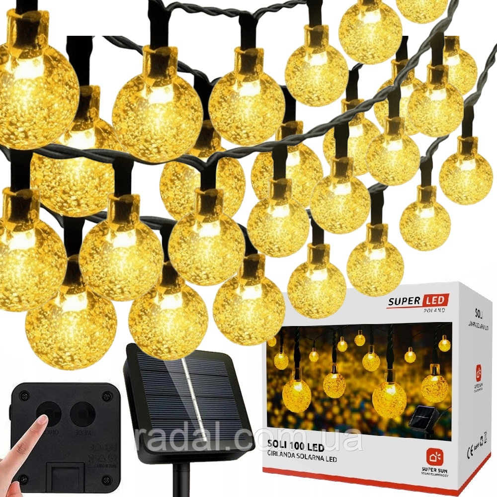 Сонячна гірлянда 100 LED-кульок, SuperLED Soli — довжина 19 м, тепле біле світло, IP65, датчик сутінків, для саду, тераси, фото 1