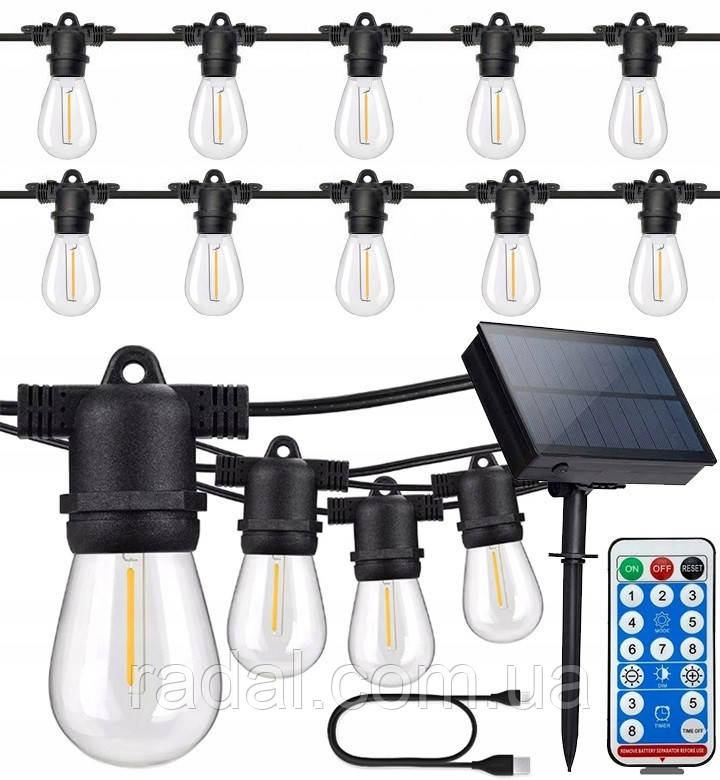 Сонячна гірлянда SuperLED Soli — 15 м, 15 змінних LED-лампочок E27, IP44, тепле біле світло, з пультом і зарядкою USB, фото 1