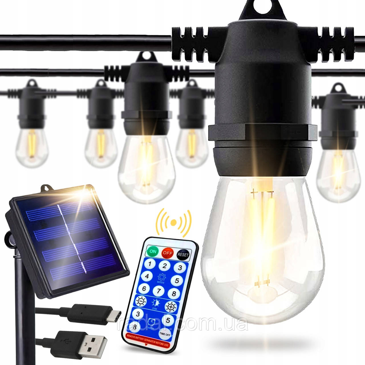 Сонячна гірлянда SuperLED Soli 10 м — 10 LED лампочок, тепле світло, водозахист IP65, пульт, зарядка USB, фото 1