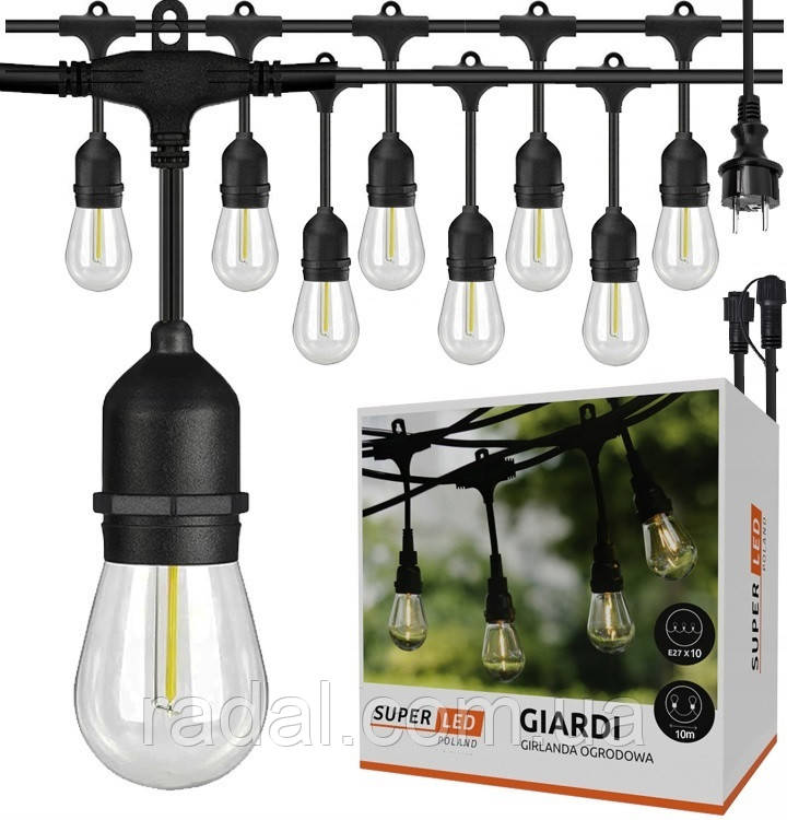 Садова гірлянда 15м з 15 LED-лампами E27 - декоративне освітлення для саду, тераси, балкона, SuperLED, фото 1