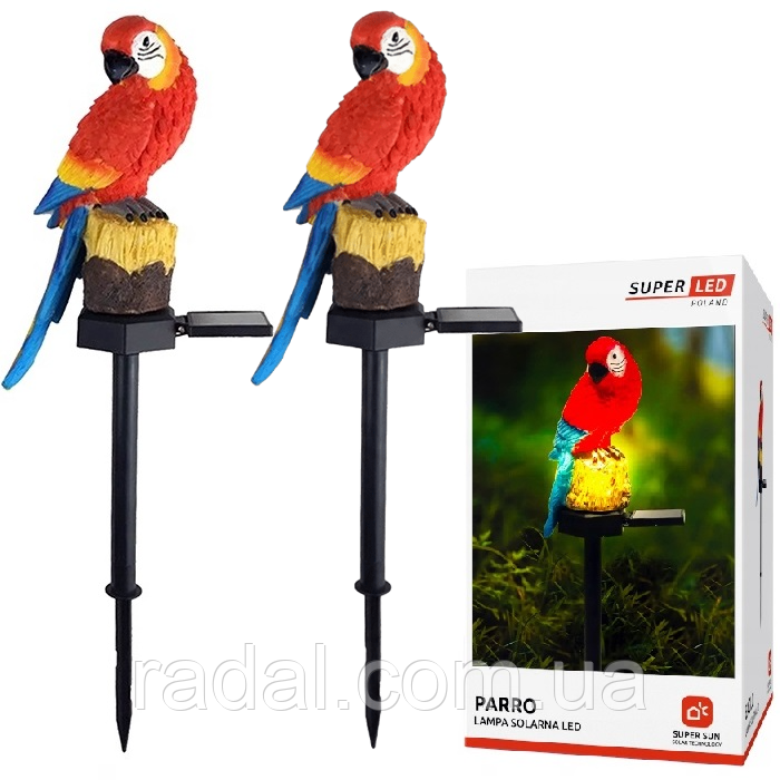 2шт Садова сонячна лампа "Папуга" SuperLED — LED-підсвітка на штифті з датчиком сутінок, висота 41 см, фото 1