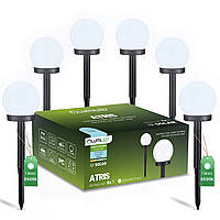 Набір білих садових LED‑куль 10 см на сонячній батареї 6 шт — Lumiled Atris, холодне світло 6500 K, IP44