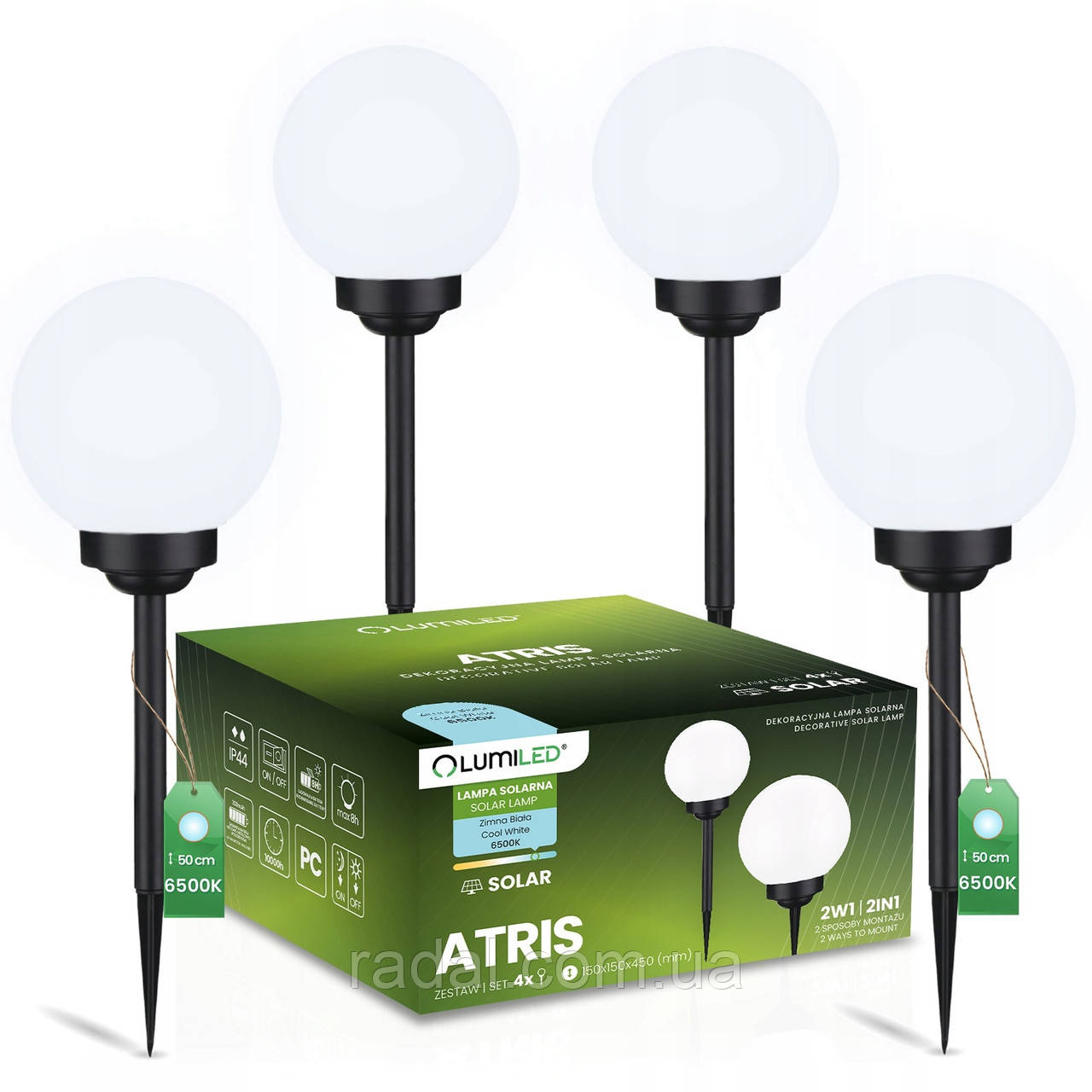 Набір садових LED‑куль 15 см на сонячній батареї 4 шт — Lumiled Atris, холодне світло 6500 K, IP44, фото 1