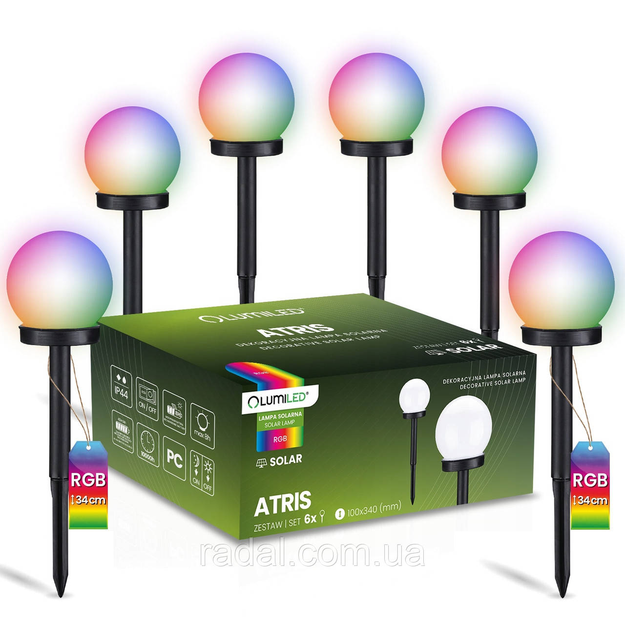 Набір 6шт садових LED куль 10 см з кольоровим RGB світлом, світильник на сонячній батареї — Lumiled Atris, фото 1