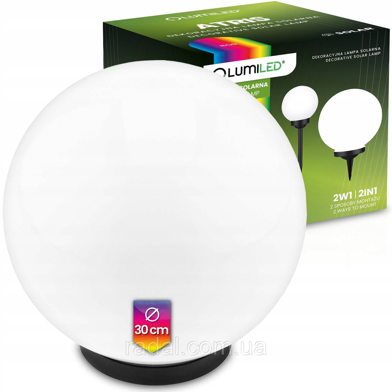 Велика садова LED‑куля 30 см на сонячній батареї — Lumiled Atris, кольорове RGB світло, IP44, фото 1