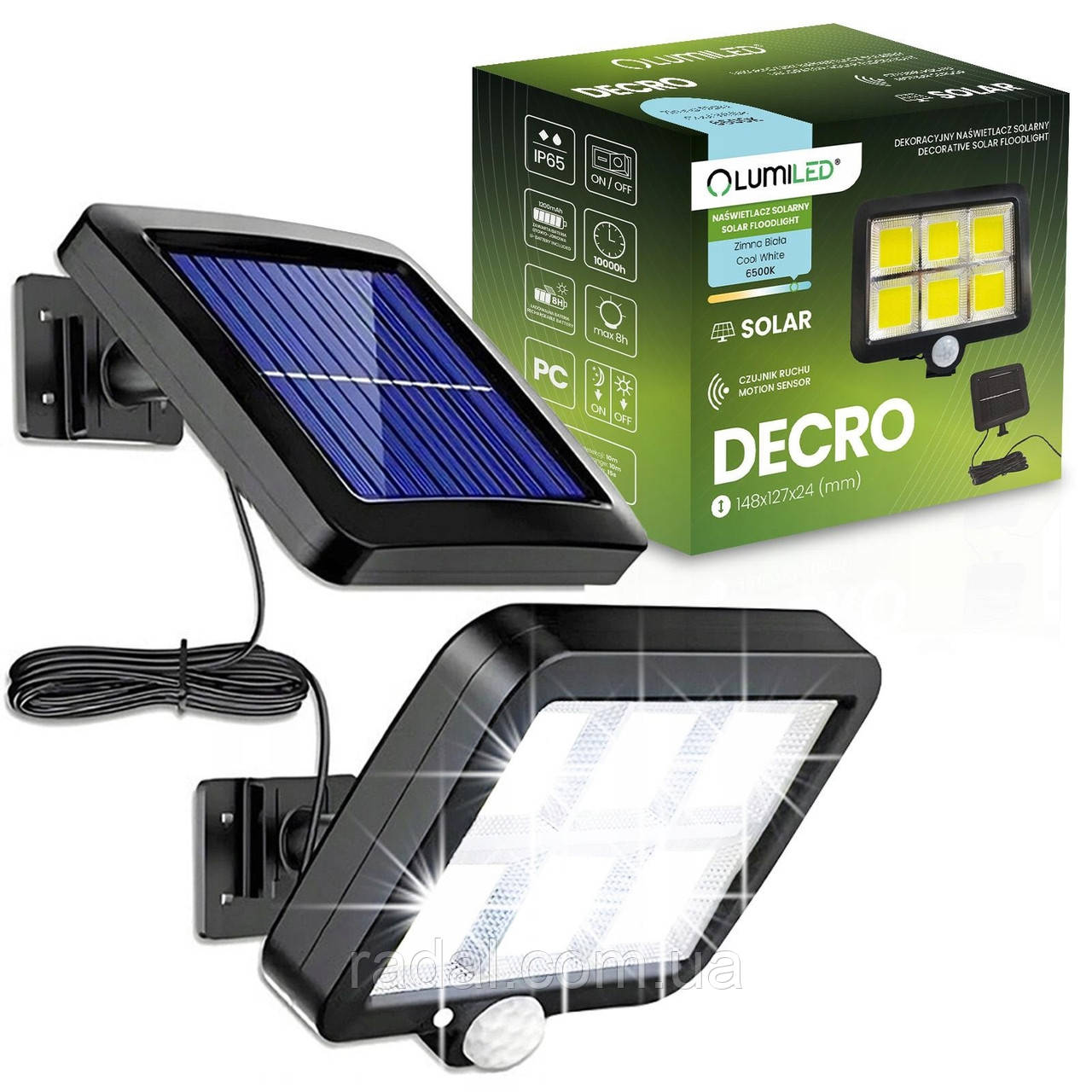 Сонячний LED‑прожектор Lumiled DECRO, 5Вт 800 лм, з датчиком руху і сутінків — IP44,  холодне біле світло 6500K, фото 1