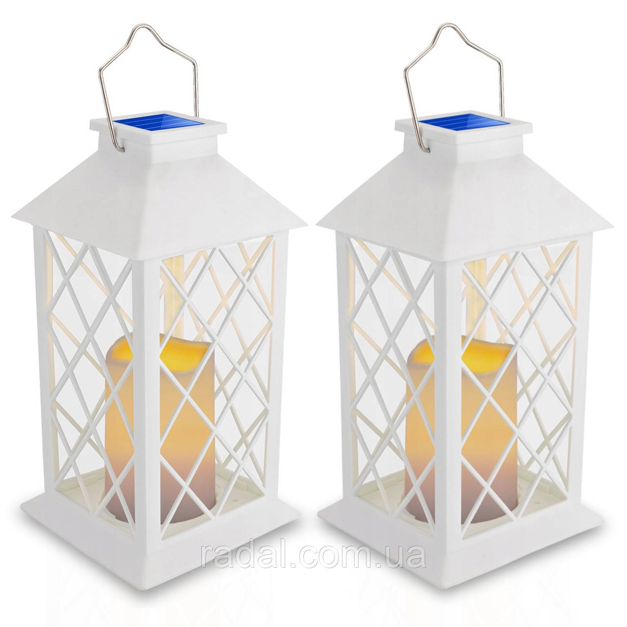 Підвісний декоративний LED ретро-ліхтар білий, набір 2шт, на сонячній батареї, ефект мерехтіння свічки, IP44, підвісний або, фото 1
