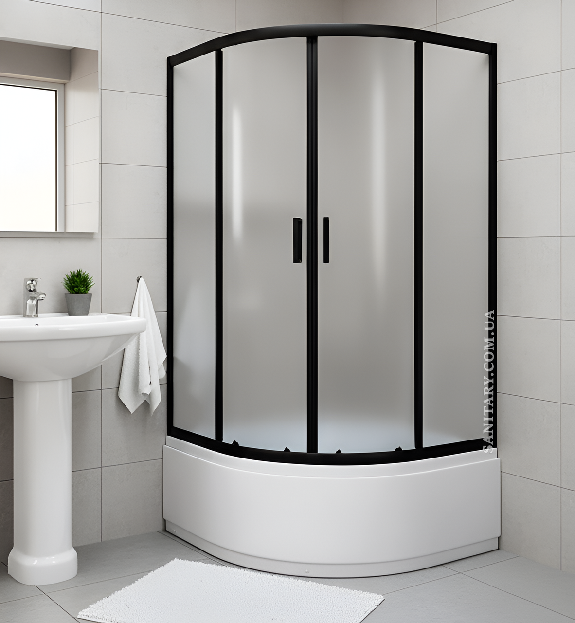 Душова кабіна чорний профіль Sunways 90х90 з глибоким піддоном  розсувна матове загартоване скло 5мм, фото 1