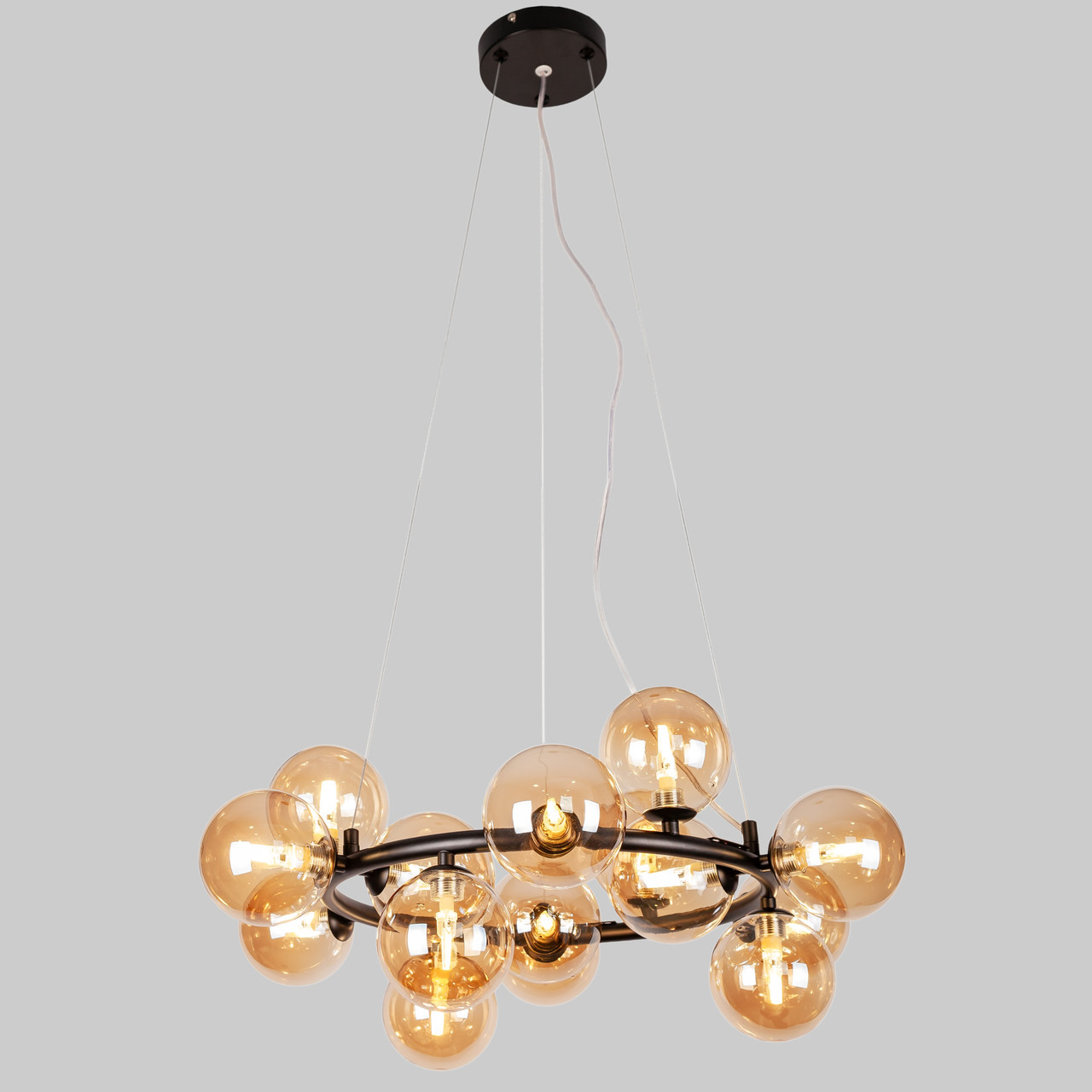Чорна кругла люстра на 15 ламп з кавовими плафонами (84-1019-15 BK+BR)