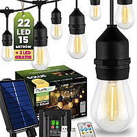 Світлодіодна сонячна гірлянда 22 LED лампочок+2шт в подарунок, 15м, тепле світло 2700K, пульт ДУ, зарядка USB, Lumiled Sollis