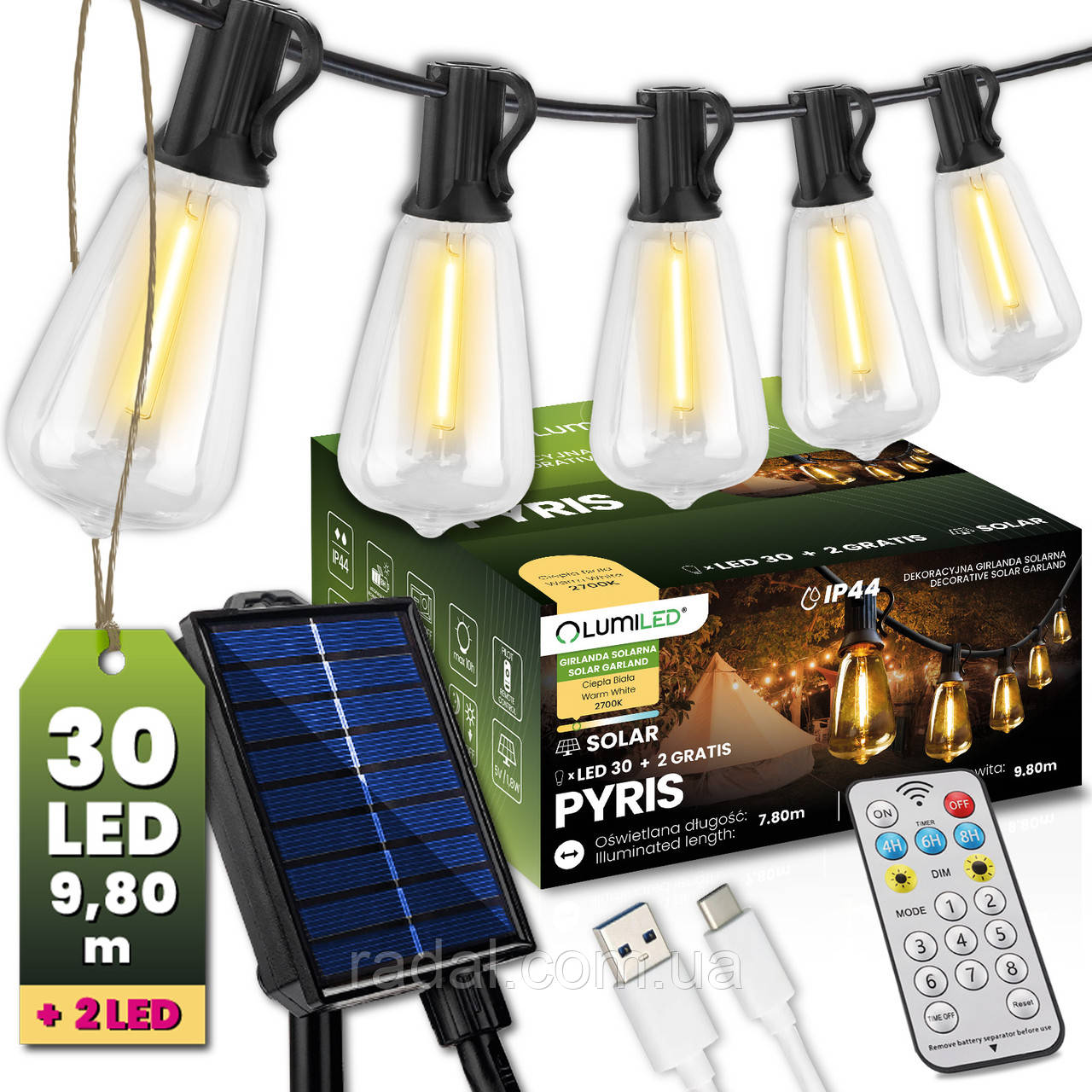 Сонячна гірлянда садова 30 LED-ліхтариків+2шт в подарунок, 9,8 м, тепле світло 2700 K, IP44, з пультом, сонячною та USB-зарядкою,, фото 1