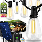 Сонячна гірлянда садова 30 LED-ліхтариків+2шт в подарунок, 9,8 м, тепле світло 2700 K, IP44, з пультом, сонячною та USB-зарядкою,, фото 8