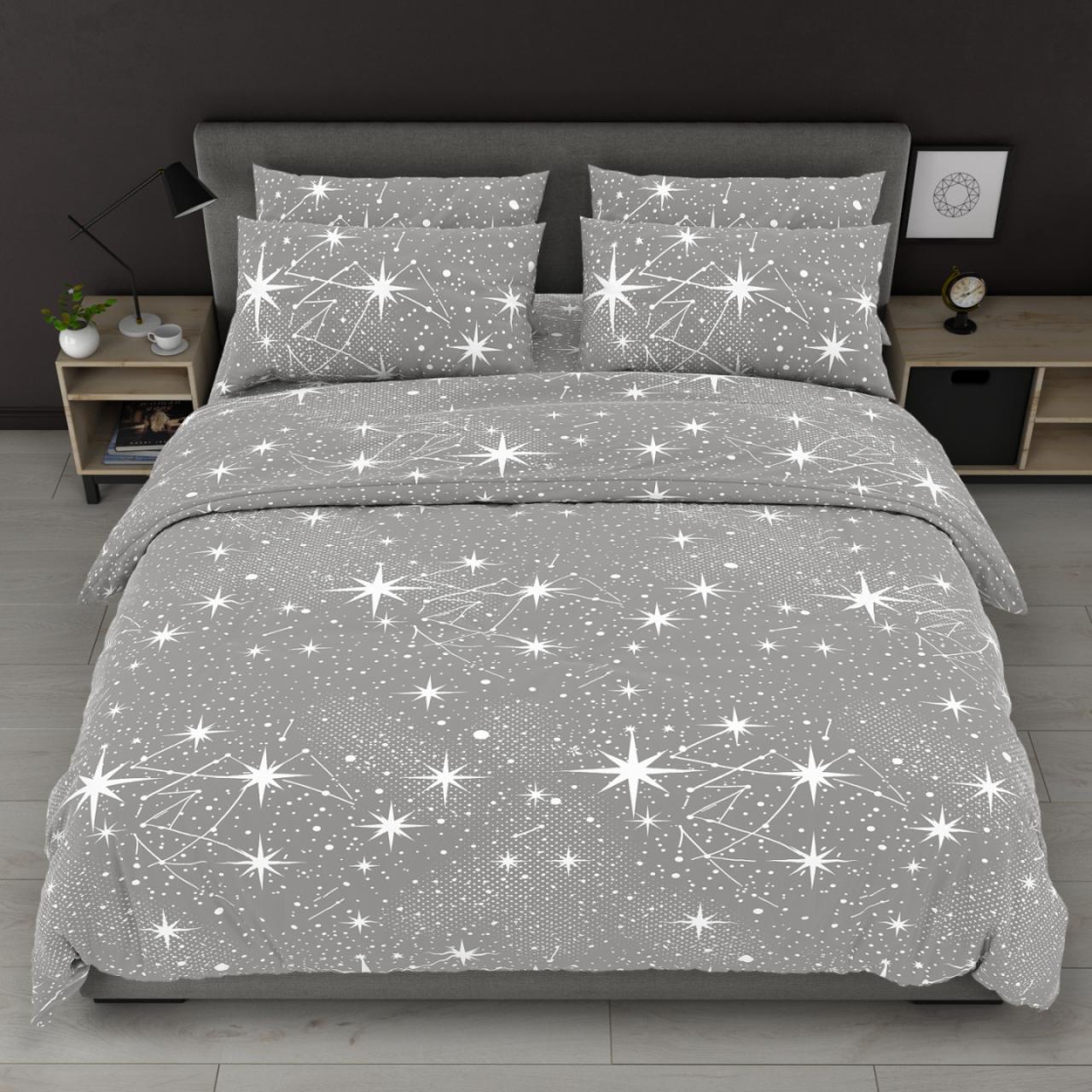 Постільна білизна Королева Ночі (Бязь) | Полуторний комплект | 50х70 | Зірки на сірому, фото 1