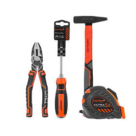 Молоток слюсарний Dnipro-M Ultra 200 г + Пасатижі ULTRA 185 мм + Рулетка Ultra 5 м 25 мм + Викрутка ударна хрестова PH2 6*100