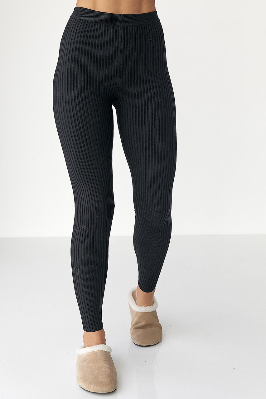 В'язані трикотажні лосини в рубчик — чорний колір, ONE SIZE (є розміри), фото 1