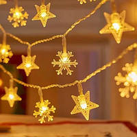 Гірлянда сніжинки та зірочки 2м 20Led батарейки + USB