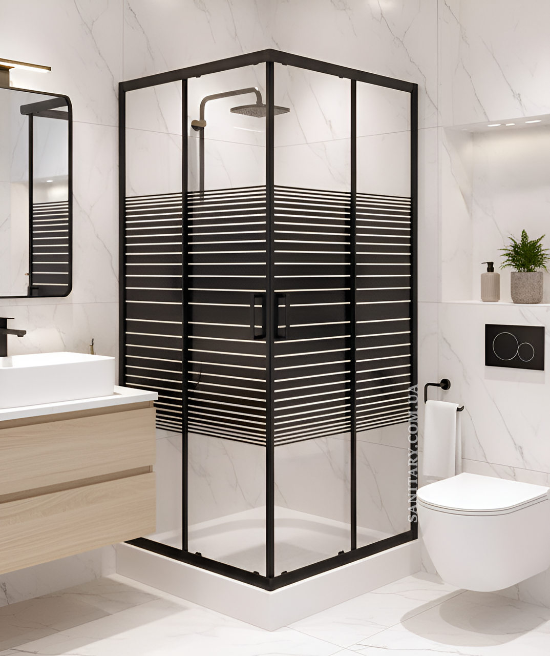 Душова кабіна Sunways 80x80 см Linea низький пiддон, квадратна з візерунком лінія загартоване скло 5мм чорний профіль, фото 1