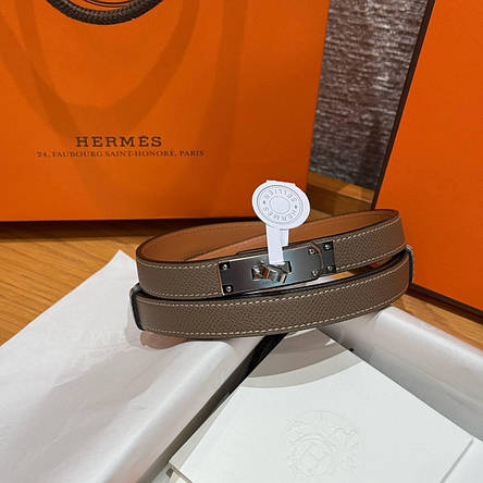 Жіночий коричневий сірий шкіряний ремінь Hermes Kelly 1.8 см зі срібною пряжкою ермес гермес, фото 1